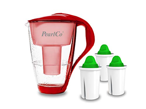 PearlCo - Glas-Wasserfilter (rot) mit 3 Alkaline classic Filterkartuschen - passt zu Brita Classic
