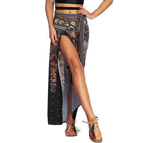 Nuofengkudu Damen Lange Hippie Rocke Luftige Boho Thai Muster Binden Taille Elegante Zigeuner Maxi Röcke Skirts Schwarz Pfau