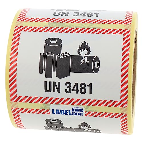 Labelident Transportaufkleber - enthält Lithium Ionen Batterien UN 3481-100 x 70 mm - 500 Verpackungskennzeichen auf 76 mm (3 Zoll) Rolle, Papier selbstklebend