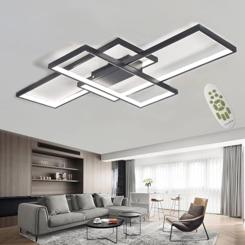 LED Deckenleuchte Einfache Moderne Deckenlampe Wohnzimmer Atmosphärische Rechteckige Deckenstrahler Aluminium Acryl Schlafzimmer Lampe Spotleuchte Stufenloses Dimmen Mit Fernbedienung,Schwarz,L110cm