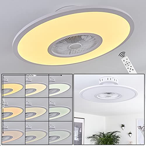 LED Deckenventilator Masainas, Deckenlampe mit Ventilator aus Kunststoff in Weiß, über Fernbedienung dimmbar, m. Timer und Nachtlicht, 1 x 36 Watt, 2600 Lumen, 2700-5000 Kelvin