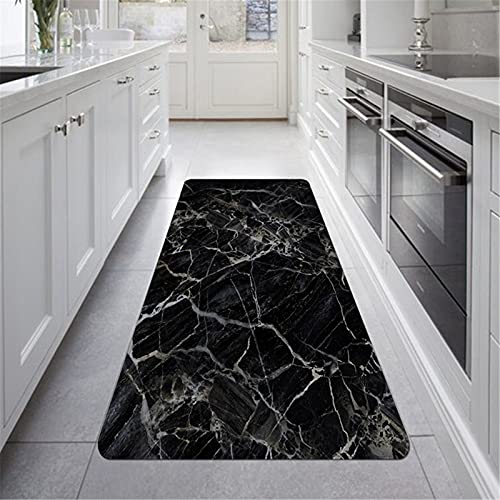 Läufer Teppich Flur rutschfest Waschbar Flanell Lange Pflegeleicht Teppich für Küche Schlafzimmer Wohnzimmer,Elegant Marmor Muster Weiß Schwarz Teppich (Farbe 2,60×180 cm)