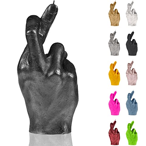 Candellana Kerze Gekreuzte Finger | Höhe: 19,4 cm | Schwarz Metallic | Brennzeit 30h | Kerzengröße gleicht 1:1 Einer realen Hand | Handgefertigt in der EU
