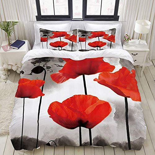 Yaoni Bettbezug, Rote Mohnblume Tuschemalerei Blumenkunst Design, Bettwäsche-Set Ultra Bequeme leichte Luxus-Mikrofasersets