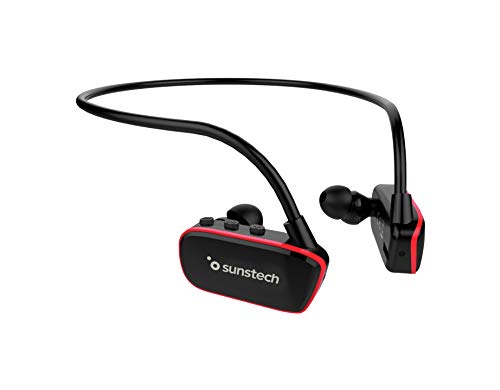 Sunstech Argos – 8 GB MP3-Player, tauchfähig, wasserdicht, IPX8, entwickelt für Sport und Schwimmen, wiederaufladbarer 200-mAh-Akku, Land- und Wasserpads enthalten, schwarz/rot
