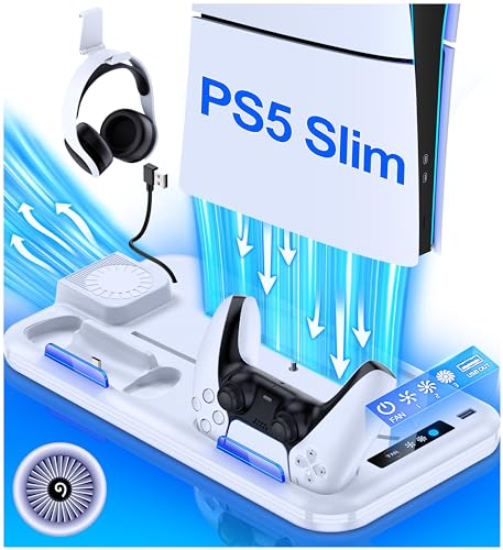 HELLCOOL PS5 Slim Ständer mit PS5 Slim Lüfter, PS5 Slim Standfuß Nur für PS5 Slim Disc/Digital Edition, All-In-One PS5 Slim Zubehör mit PS5 Controller Ladestation/Headset Halterung/15 Spiele Lagerung