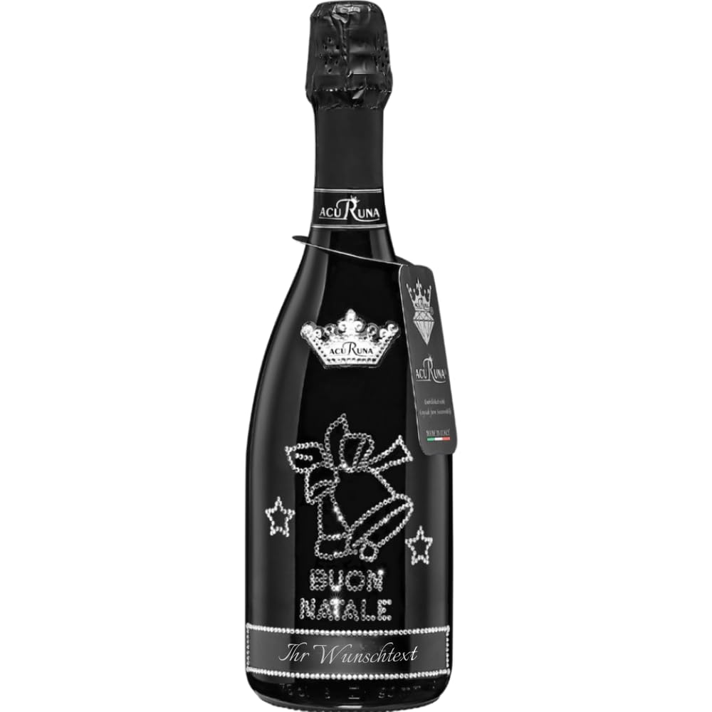 Geschenk Weihnachten personalisiert Prosecco Flasche 0,75 l mit Strass verziert Motiv: BUON NATALE Glocken