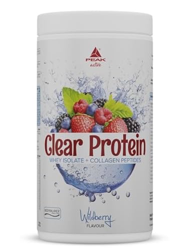 PEAK Clear Protein - 450g Geschmack Wildberry I 15 Portionen I klares Whey Protein Isolat + bioaktive Kollagenpeptide I BODYBALANCE I fruchtiger, erfrischender Geschmack I zuckerfrei