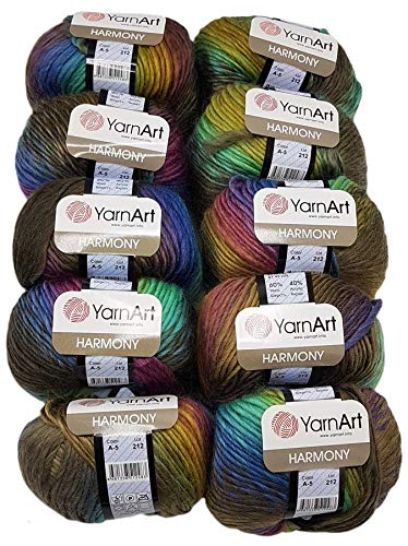 10 x 50 g YarnArt Harmony Strickwolle mehrfarbig mit Farbverlauf, 500 Gramm Strickgarn mit 60% Wolle-Anteil (braun grün bordeaux u,a. A5)