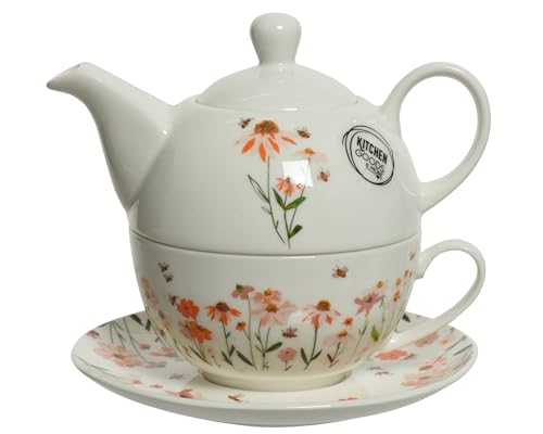 Tea-for-One Teekanne mit Tasse & Untertasse Porzellan 16x16cm weiß geblumt - Teetasse mit Kanne Set - Teekännchen mit Tasse Blumen - Teapot Teacup kleines Teekannenset Teeset für 1 Person