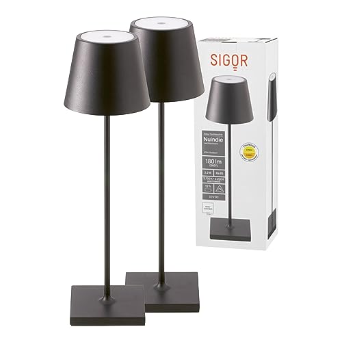 SIGOR 2 Stück Nuindie - Dimmbare LED Akku-Tischlampe Indoor & Outdoor, IP54 spritzwassergeschützt, Höhe 38 cm, aufladbar mit easy-connect, 12 h Leuchtdauer, nachtschwarz