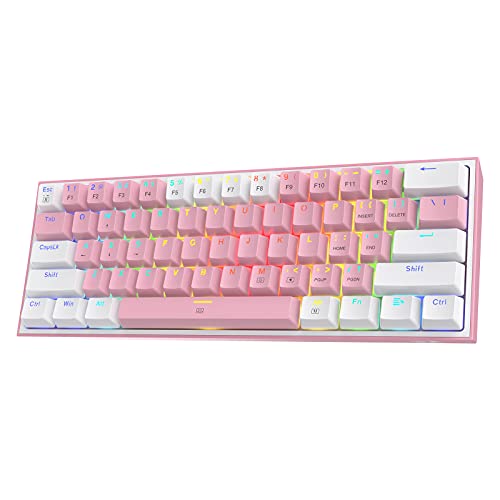 Redragon K617 Fizz 60% Kabelgebundene RGB-Gaming-Tastatur, 61 Tasten Kompakte Mechanische Tastatur mit Rosa und Weißen Tastenkappen, Linearer Roter Schalter, Pro-Software Unterstützt