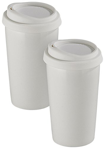 Rosenstein & Söhne Thermobecher Keramik: 2 Coffee-to-go-Becher aus Keramik, Silikondeckel, 250 ml, doppelwandig (Thermobecher Keramik doppelwandig)