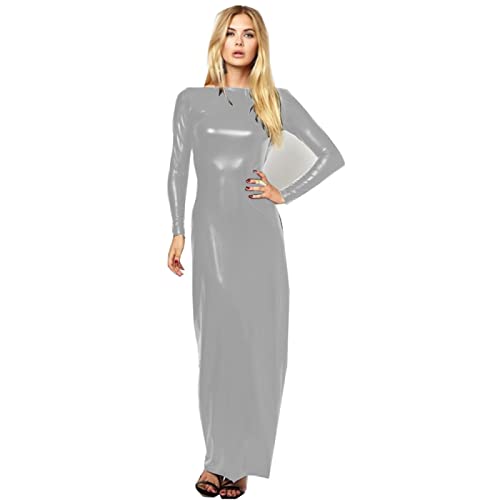 Female Ankle Length Dress Backless Long Sleeve Shiny Metallic Stretchy Sheath Dresses,Gray,4XL