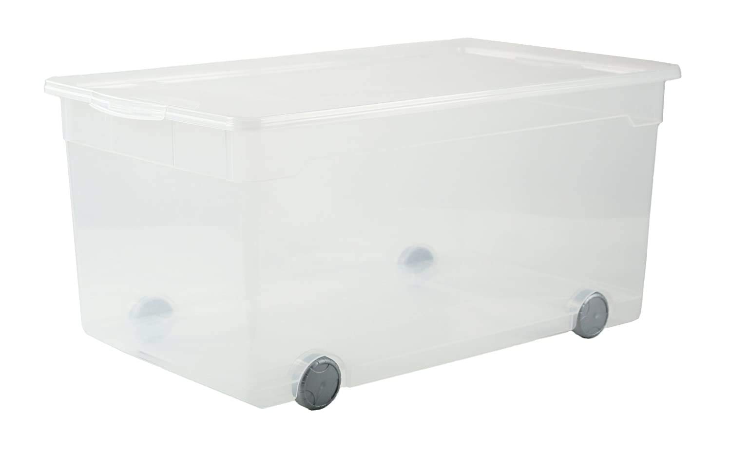 Rotho Clear Aufbewahrungsbox 63l mit Deckel und Rollen, Kunststoff (PP) BPA-frei, transparent, 63l (71,5 x 40,0 x 33,5 cm)