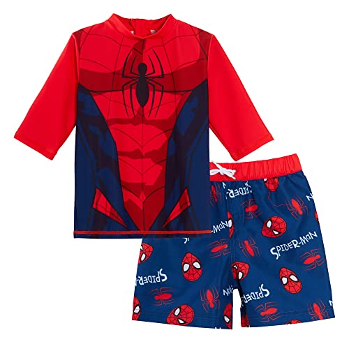 Jungen Spider-Man Badeshorts + Rash Vest 2-teiliges Schwimmset. Kinder Marvel Surf Top + Boardshorts Schwimmset