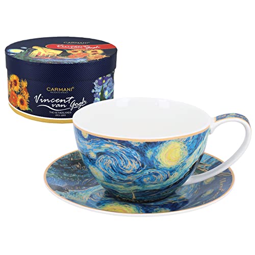 CARMANI - Porzellan-Set für Tee, Kaffee, Cappucino-Tasse und Untertasse mit Vincent Van Gogh, The Starry Night 360 ml