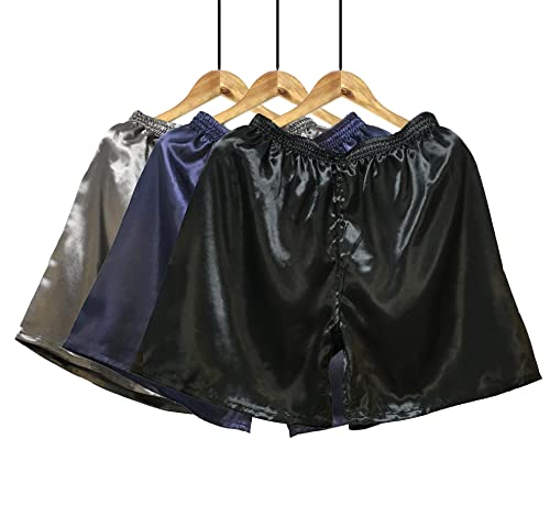 Wantschun Herren Satin Silk Schlafanzughose Nachtwäsche Boxershorts Kurz Pyjama Bottom Shorts Locker Unterhosen Unterwäsche Grau+Blau+Schwarz EU 3XL