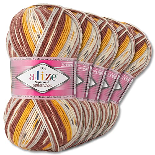 Wohnkult Alize 5x100g Superwash Comfort Sockenwolle 33 Farben zur Auswahl EIN-/Mehrfarbig (7652)