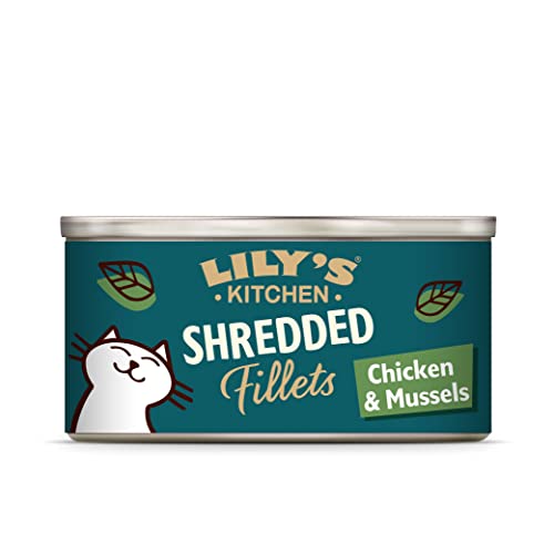 Lily’s Kitchen Nass Katzenfutter für Shredded Fillets 24 Schalen (24 x 70g) Filets aus zerkleinertem Huhn und Muscheln