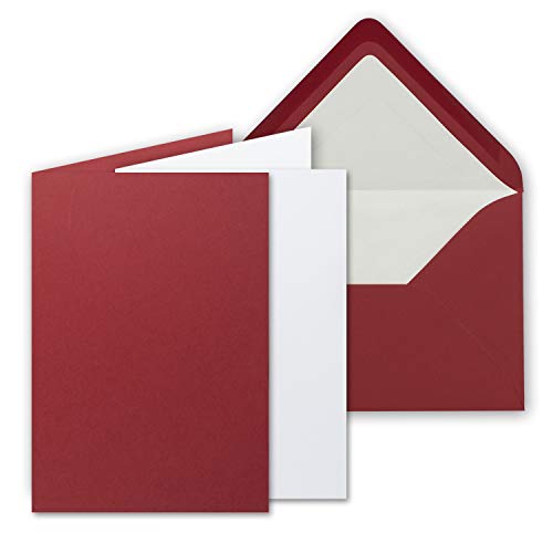 50 Sets - großes Kartenpaket, Dunkelrot (Rot), matt, mit 50 Faltkarten, passenden weißen Einlegeblättern & 50 gefütterten Umschlägen - DIN B6, 12 x 17 cm - 120 x 170 mm