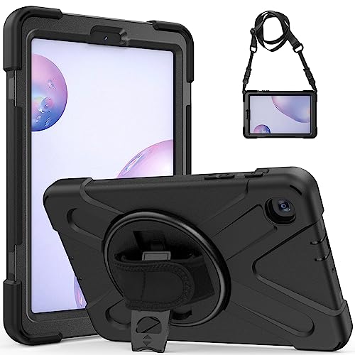 QANXGOG Hülle für Samsung Galaxy Tab S5e 10.5 Zoll 2019 (SM-T720 T725 T727), Stoßfeste Handyhülle mit 360° Drehbarer Ständer und Handgurt, Schultergurt,Black