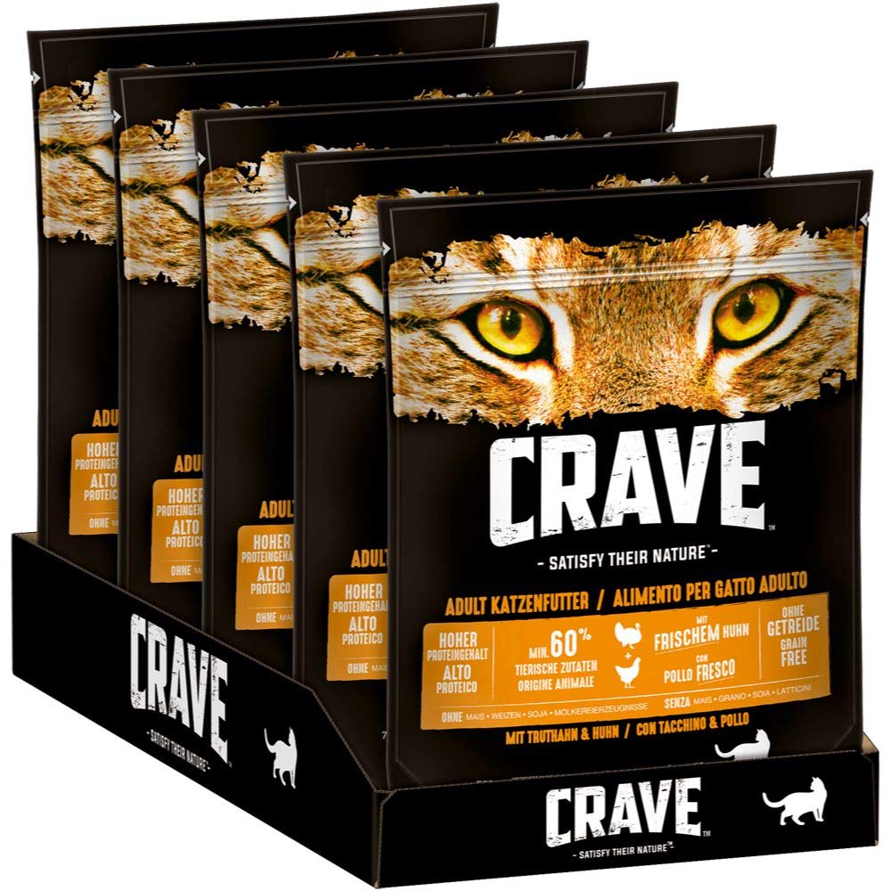CRAVE Premium Trockenfutter mit Truthahn & Huhn für Katzen – Getreidefreies Adult Katzenfutter mit hohem Proteingehalt – 5 x 750 g