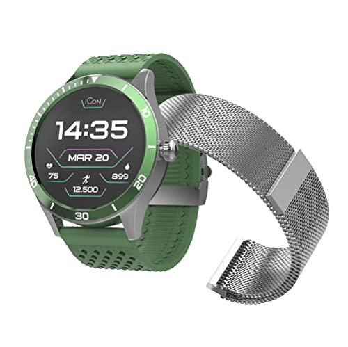 Forever Smartwatch AMOLED ICON II AW-110 zusätzlichem Band, Display 1,3“ 360x360 Pixels, IP68, Bluetooth v 5.1, Standby-Zeit 10 Tage, Li-Ionen Akku 310 mAh, Ladezeit 2 Stunden, GoFit-App Green