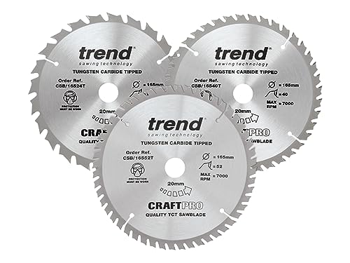 Trend CSB/165/3PK/B Craft Pro TCT-Klingen, 3 Stück, ideal für Dewalt DC390, DWE007, DCS391 und DC391N Kreissägen, Wolframkarbid-bestückt, 165 mm x 24, 40 und 52 Zähne x 20 Bohrung