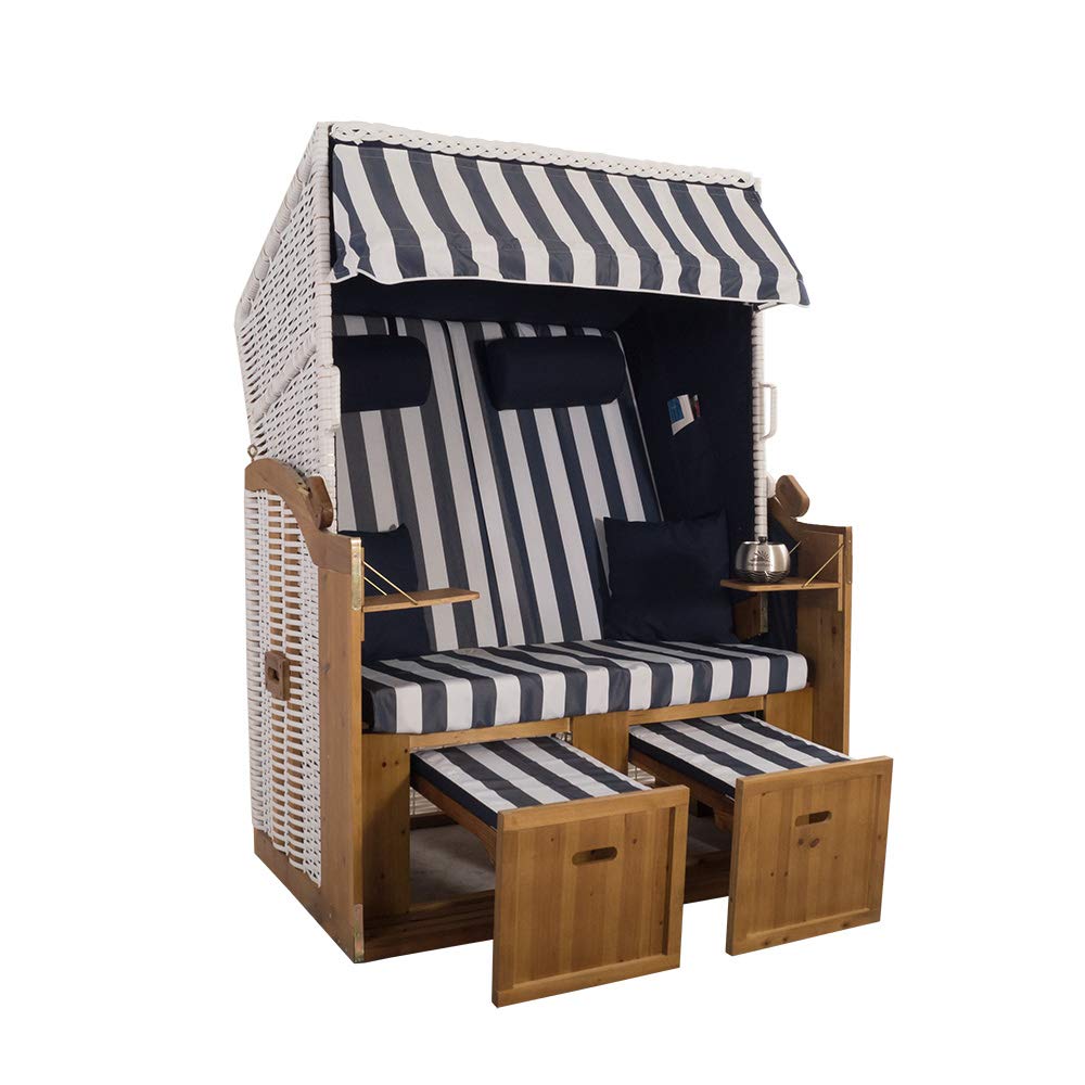 2-Sitzer Strandkorb Hörnum - Volllieger mit Fußablagen – inkl. Nackenkissen und Kuschelkissen Set - (Geflecht - Weiß, Blau - Blockstreifen)
