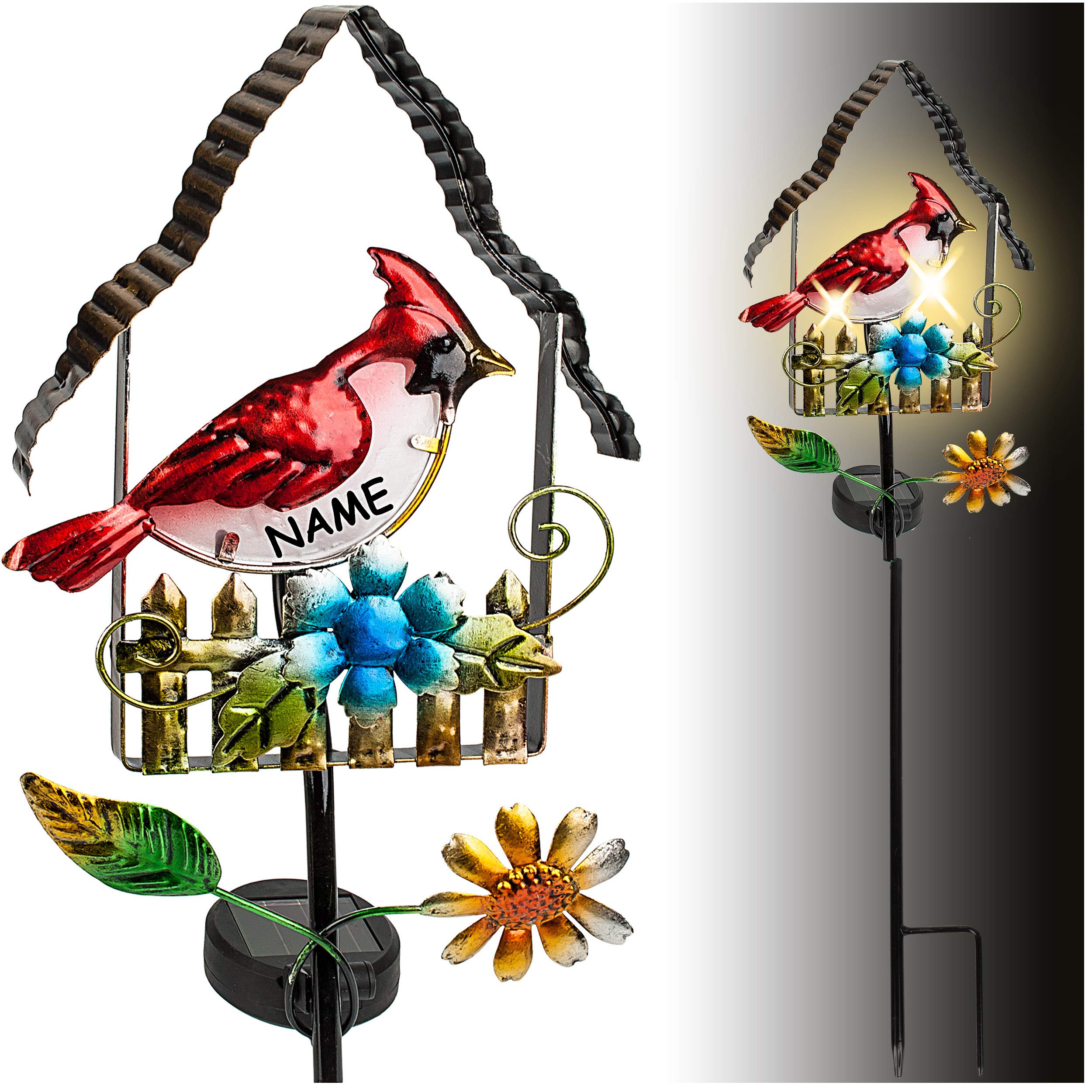 2 Stück Solar - LED Licht - Farbwechsel - Vogelhaus - mit Vogel & Blumen - 66 cm - inkl. Name - Leuchte - Solarblume - Garten Wetterfest für Innen Außen - h..