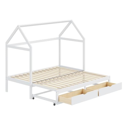 Idemon Ausziehbares Kinderbett, Schlafsofa 90/180 x 190 cm mit Schubladen und Lattenrost, Bett aus Kiefernholz mit Stauraum (weiß)