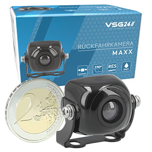 VSG24 23141 – Mini Rückfahrkamera, Kleine Kamera inkl. Verlängerungskabel, Distanzlinien-Anzeige, Flexible Ausrichtung, 170° Winkel, 12V, IP67 - Schwarz