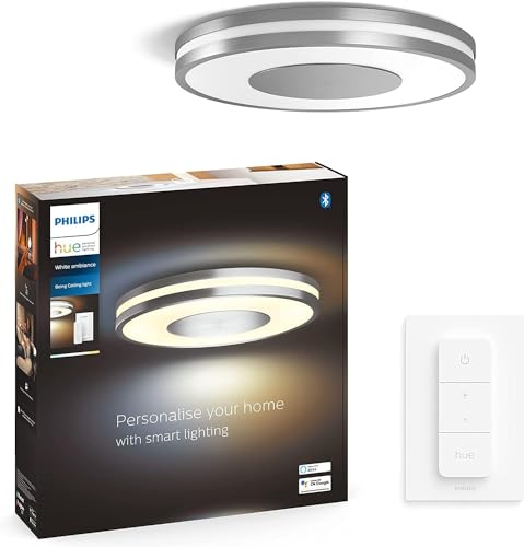 Philips Hue White Amb. LED-Deckenleuchte Being inkl. Dimmschalter, aluminium, dimmbar, alle Weißschattierungen, steuerbar via App, kompatibel mit Amazon Alexa (Echo, Echo Dot)