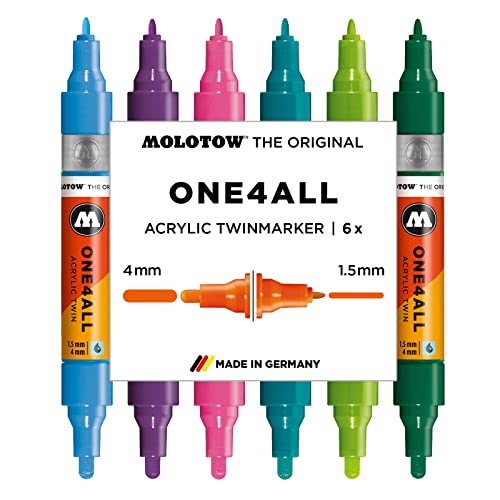 Molotow One4All Acrylic Twin Marker (Basic-Set 2, Strichstärke 1.5 mm und 4 mm, hochdeckend und permanent) 6 Stück sortiert