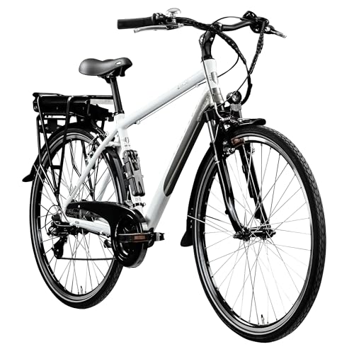ZÜNDAPP Z802 E Bike Herren Trekking 155-185 cm Fahrrad 21 Gänge, bis 115 km, 28 Zoll Elektrofahrrad mit Beleuchtung und LED Display, Ebike Trekkingrad (weiß/grau mit Faltschloss, 48 cm)