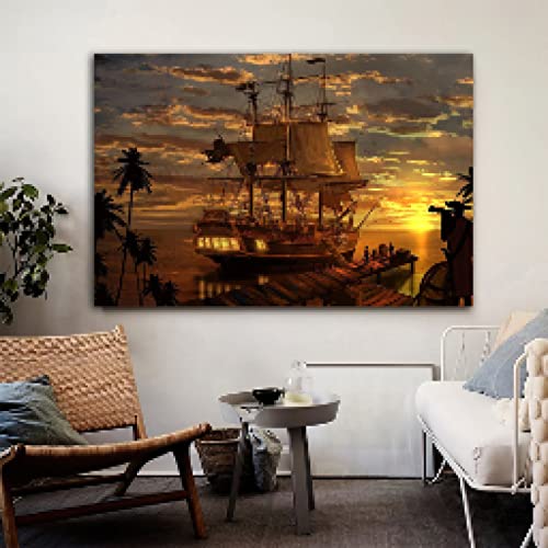 Boat Painting Landscape Canvas Prints Wall Art Ship Canvas Painting Wall Art Posters Decoration Pirate Ship Painting 60x80cm Unframed