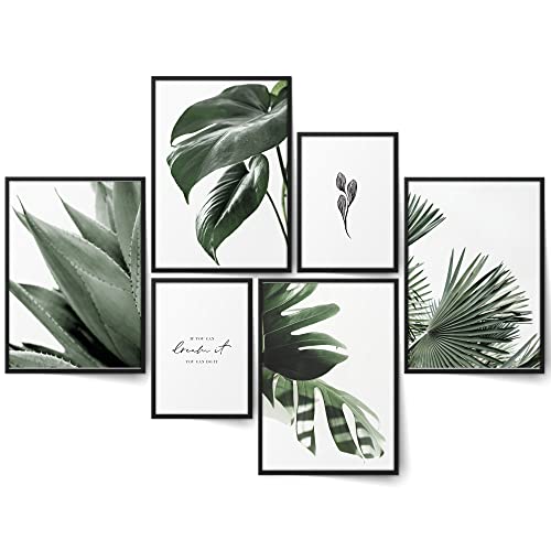 BLCKART Infinity Monstera Blätter Poster Set Stilvolle Beidseitige Pflanzen Bilder Grün Tropisch Wohnzimmer Deko (L | 4X A3 | 2X A4 | Holzrahmen (schwarz), Monstera)
