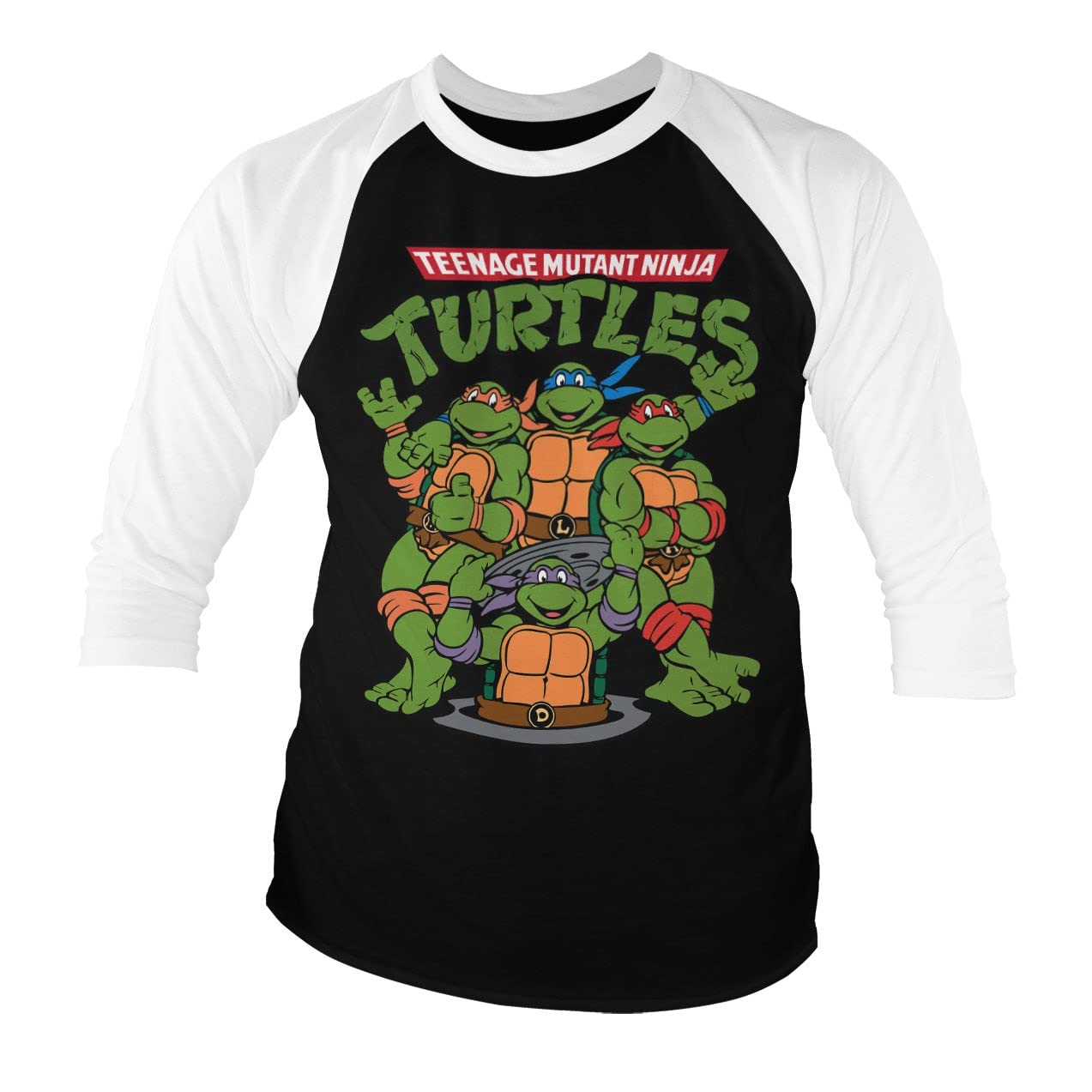 Teenage Mutant Ninja Turtles Offizielles Lizenzprodukt Group Baseball 3/4 Ärmel-T-Shirt (Weiß-Schwarz), X-Large