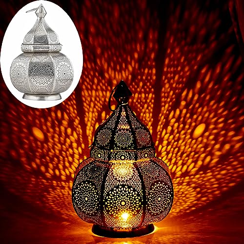 Marrakesch Lampe und Laterne in einem aus Metall 30 cm groß | Tischlampe Windlicht Lamisa Silber als Orientalische Dekoration