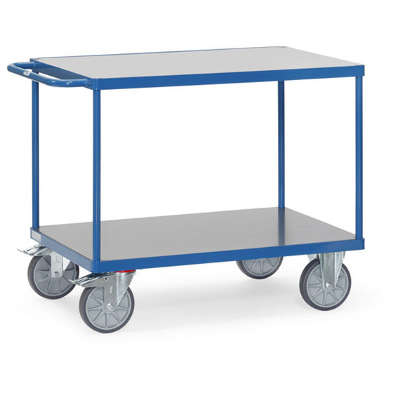 Tischwagen fetra®, 2 Etagen, Lenk- & Bockrollen, bis 600 kg, Ladeflächen Hart-PVC oder wasserfestes Sperrholz