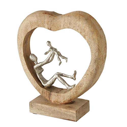 CasaJame Deko Aufsteller Herz aus Mangoholz mit Mutter Kind Figur aus Aluminium Silber H31cm B28cm