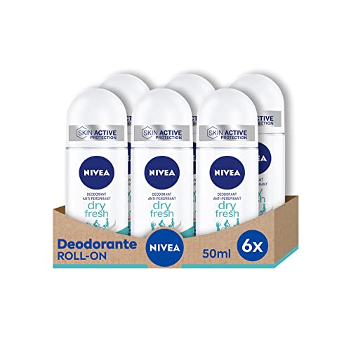 Nivea Dry Fresh Roll-on Lufterfrischer 6 x 50 ml, Roll-on mit Dual Active Formel, Anti-Atmungsaktiver Lufterfrischer für 72 Stunden intensive Frische auf der Haut