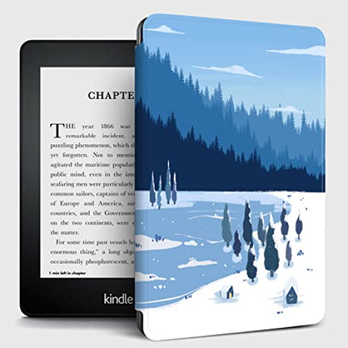 Hülle für Kindle Paperwhite (11. Generation – 2021) und Kindle Paperwhite Signature Edition, PU-Lederhülle Smart Protective Cover mit Auto-Wake/Sleep, Schneewald