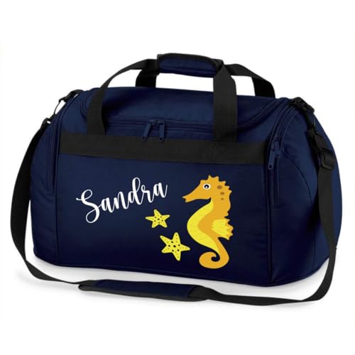 minimutz Sporttasche Schwimmen für Kinder - Personalisierbar mit Name - Schwimmtasche Seepferdchen Duffle Bag für Mädchen und Jungen (dunkelblau)