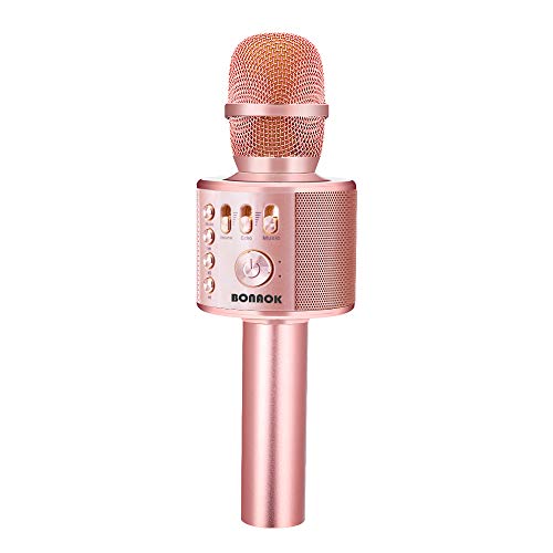 BONAOK Drahtloses Bluetooth Karaoke Mikrofon, Tragbares 3 in 1 Karaoke Handmikrofon Geburtstagsgeschenk Home Party Lautsprecher für iPhone/Android/iPad/PC/Smartphone (Rose Gold Plus)