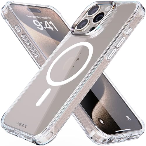 REBEL Clear Case for iPhone 15 Pro Max [Crystal Series Gen-5] Strong MagSafe Compatible, Anti-Scratch, Non-Yellowing, Protective Shockproof Bumpers, Metal Lens & Buttons, 6.7 Inch Phone 2023 (Clear)