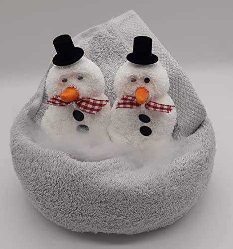 Frotteebox Geschenk Set Schneemann Paar in Handarbeit geformt aus 2X Waschhandschuh weiß in Handtuch 100x50cm grau, mit Zwei Zylinder Hüten