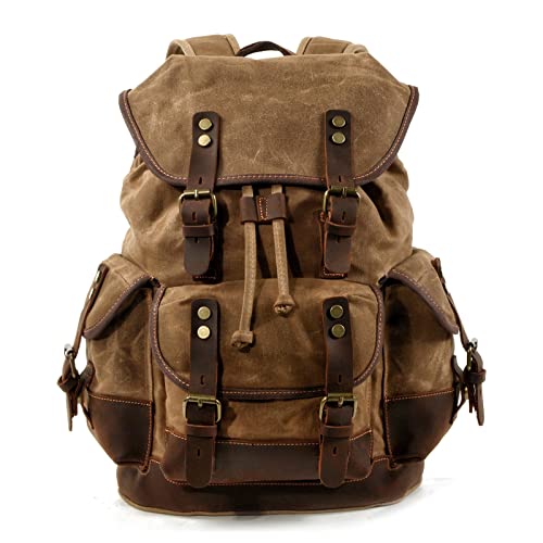 Vintage Reiserucksack für Herren, Wanderrucksack aus echtem Leder mit gewachstem Canvas,Große wasserdichte Tagesrucksäcke,Khaki