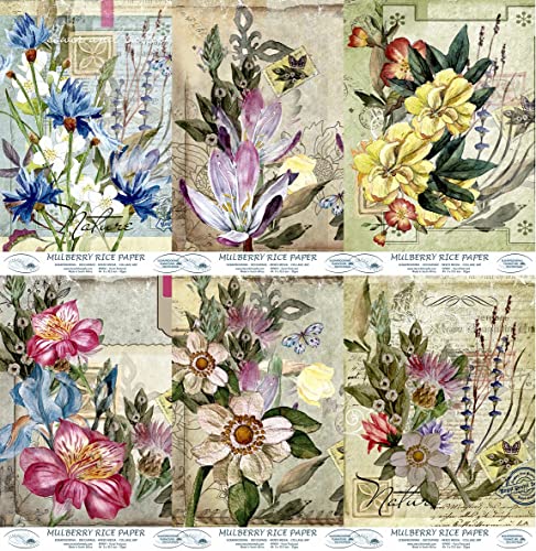 Blumen-Postkarte, Reispapier, 20,32 x 26,67 cm, 6 x verschiedene bedruckte Maulbeer-Papierbilder, 30 g/m², sichtbare Fasern für Decoupage-Bastelarbeiten, gemischte Medien, Collage-Kunst